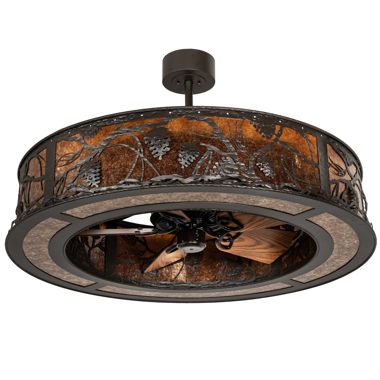 Unlit angled view of Whispering Pines Chandel-Air showing bronze frame and fan.