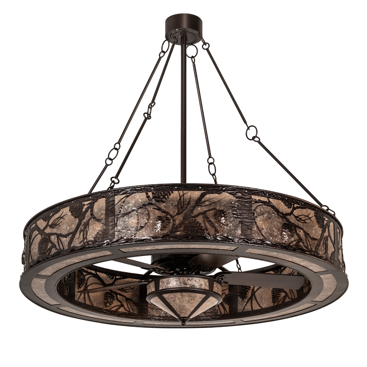 Unlit front angle view showing detailed branch and pinecone metal design.