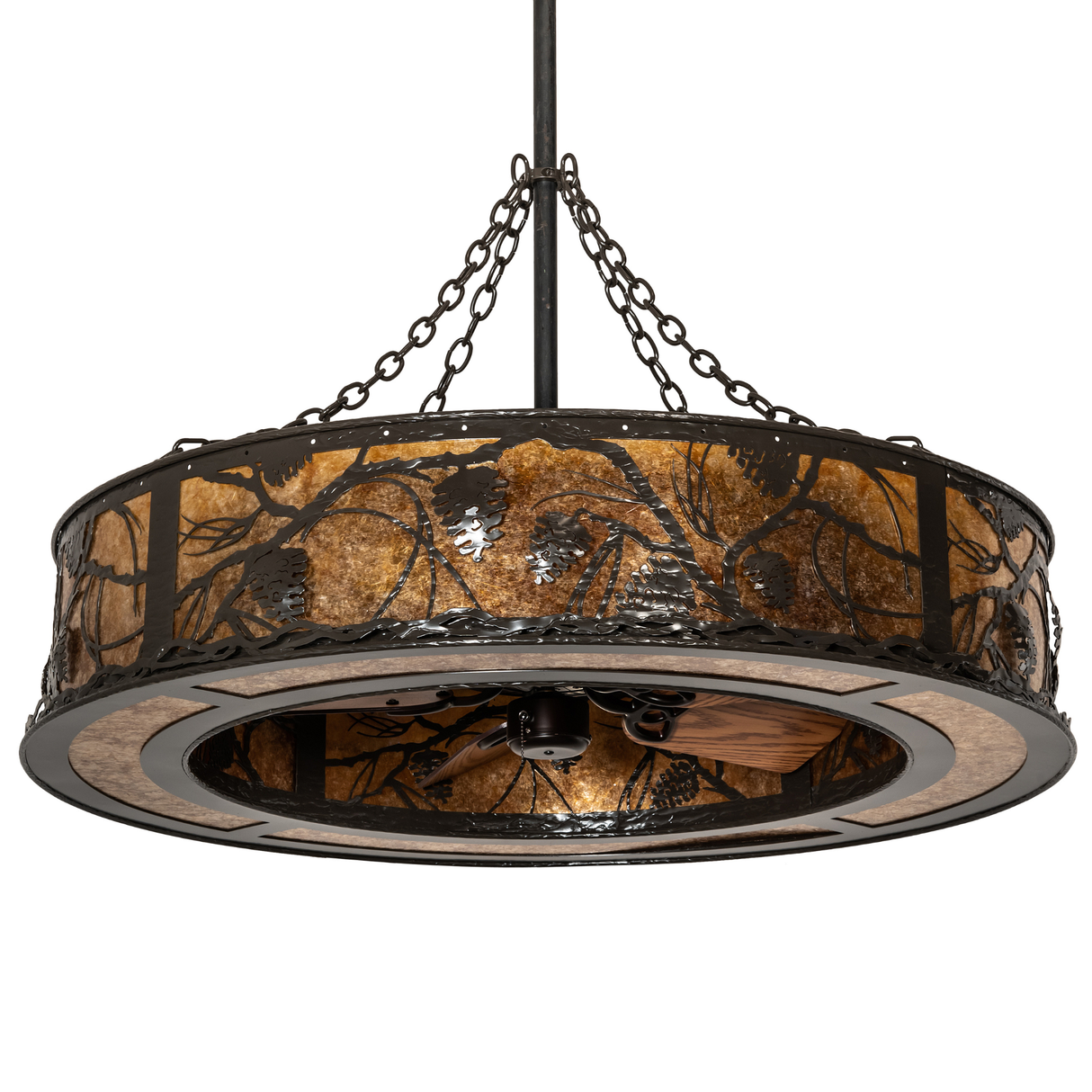 Unlit angled view showing pinecone and branch metal design.