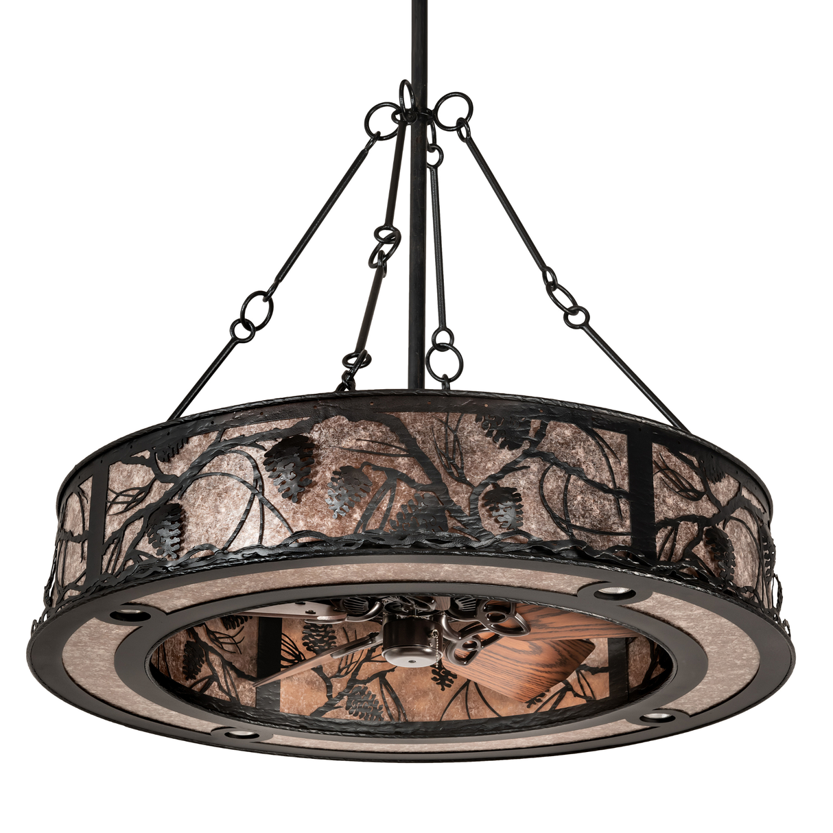 Unlit front angle view showing pinecone and branch pattern in dark finish.