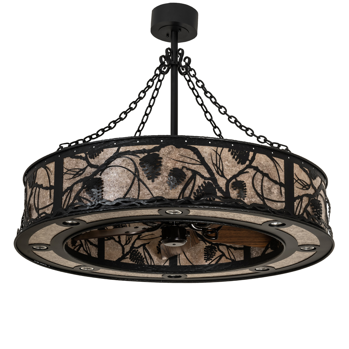 Unlit front view highlighting intricate branch and pinecone metalwork design.