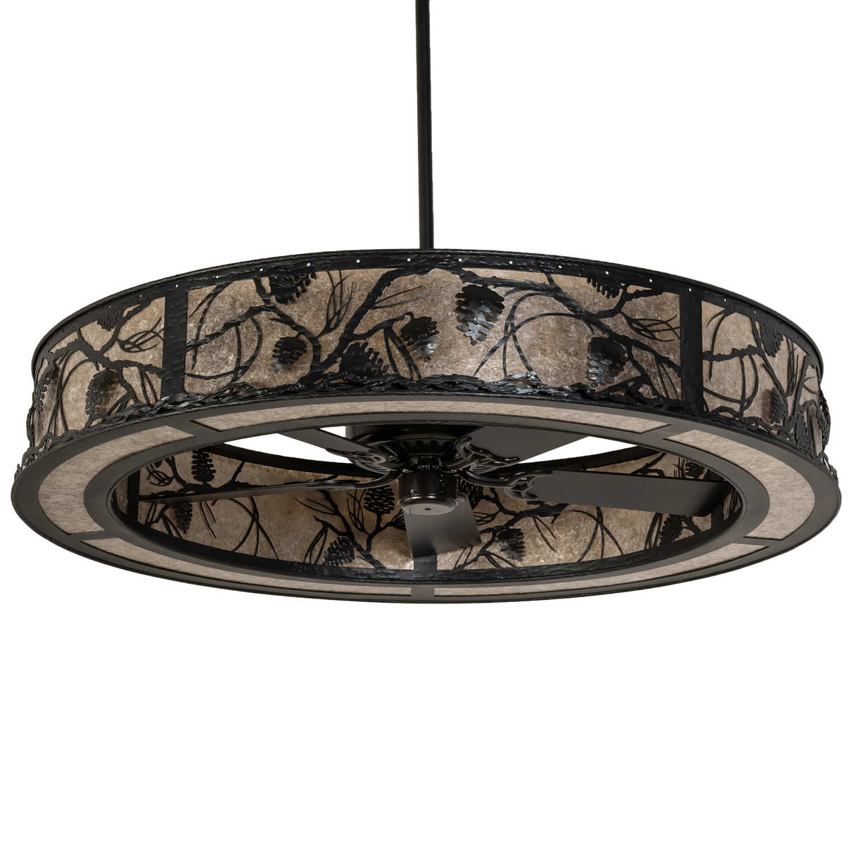 Unlit front view highlighting intricate pine branch design on mica diffuser.
