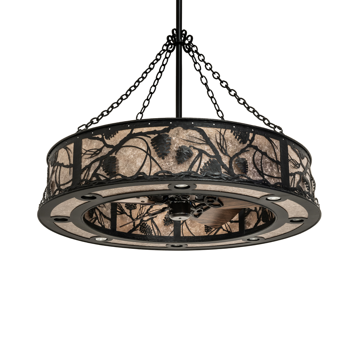 Whispering Pines Chandel-Air showing pinecone design with fan unlit.