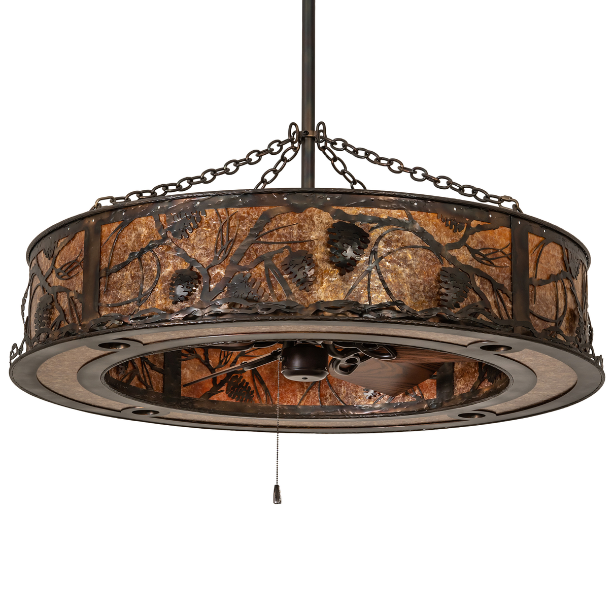 Unlit front view showing pinecone and branch pattern on dark burnished copper frame.