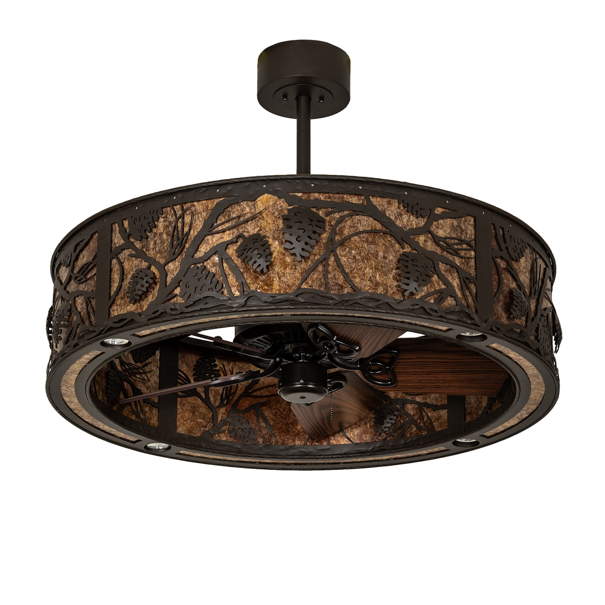 Unlit Whispering Pines Chandel-Air showing detailed metal pinecone design.