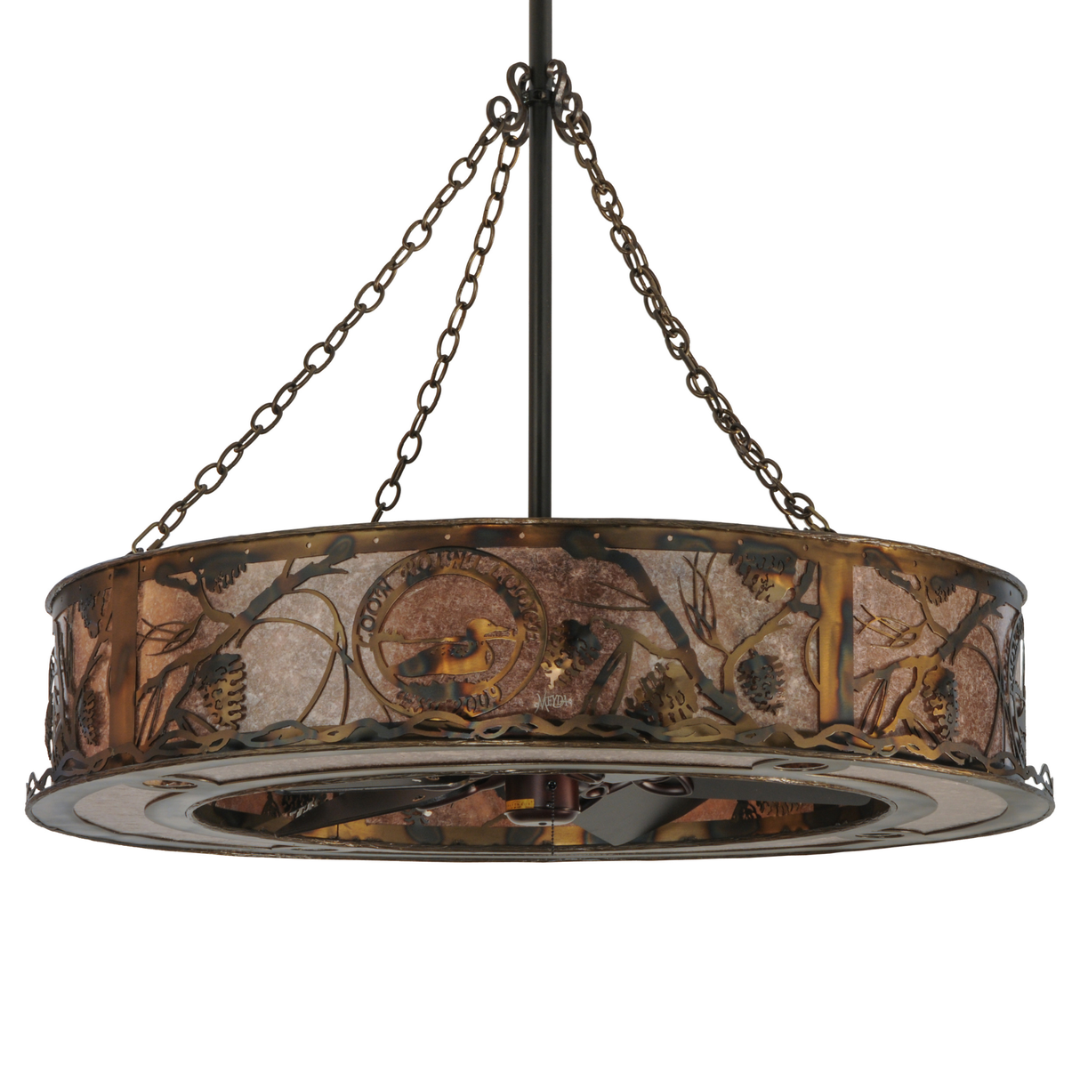 Front unlit view featuring pinecone pattern and engraved lodge logo.