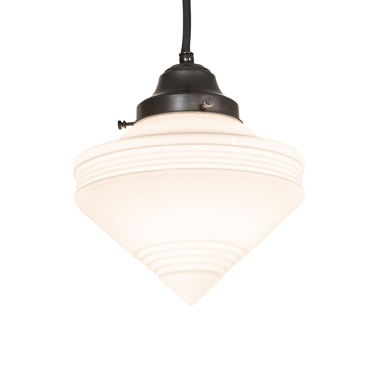 Close-up of pendant globe with white cone-shaped design.