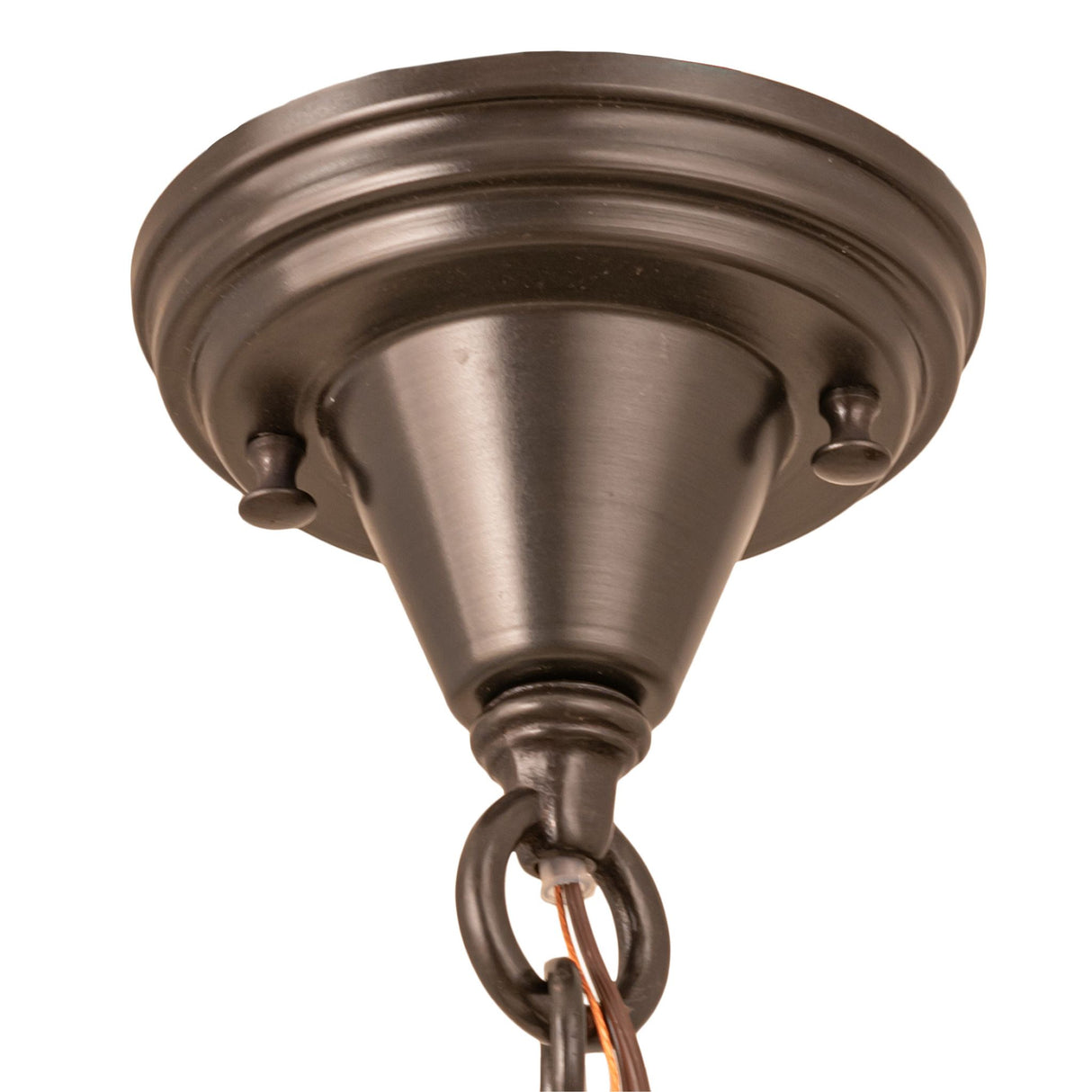 Canopy and chain details of the schoolhouse mini pendant light in a bronze finish.