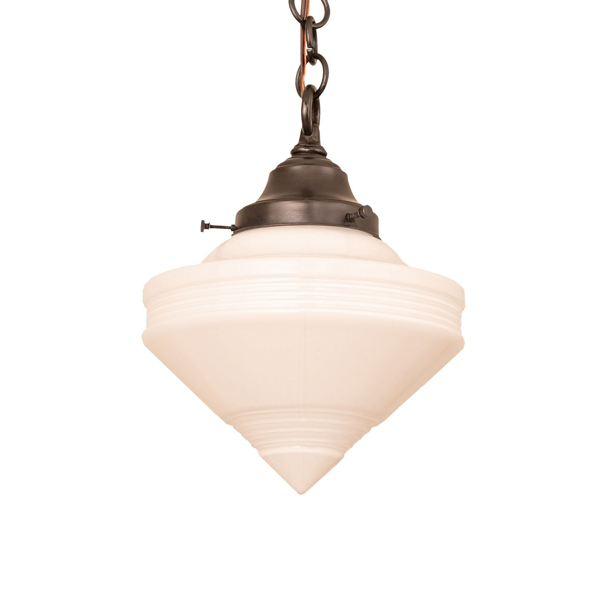 Angled close-up of the schoolhouse pendant's top section with bronze detailing.