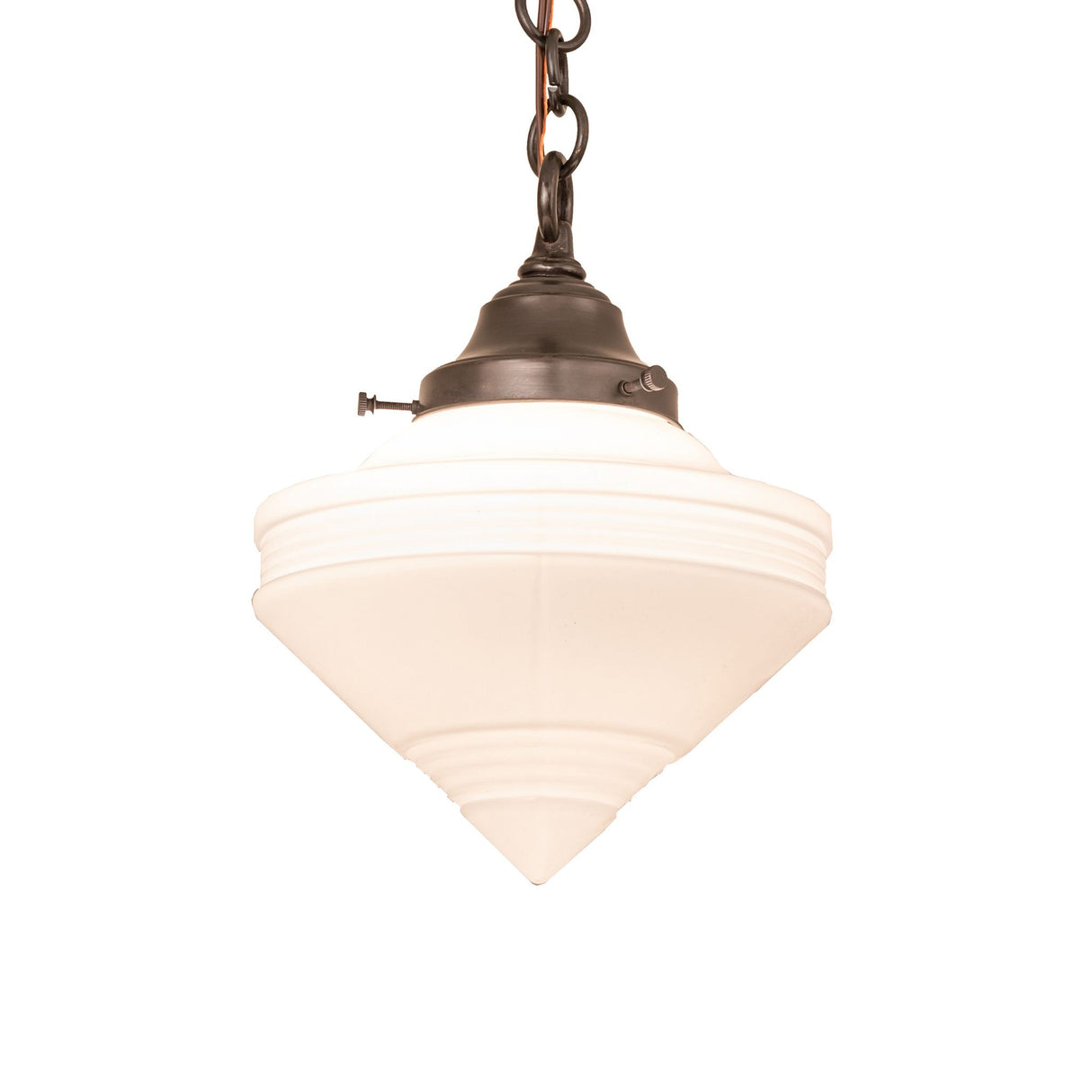 Front view of the schoolhouse mini pendant with a deco cone shade.