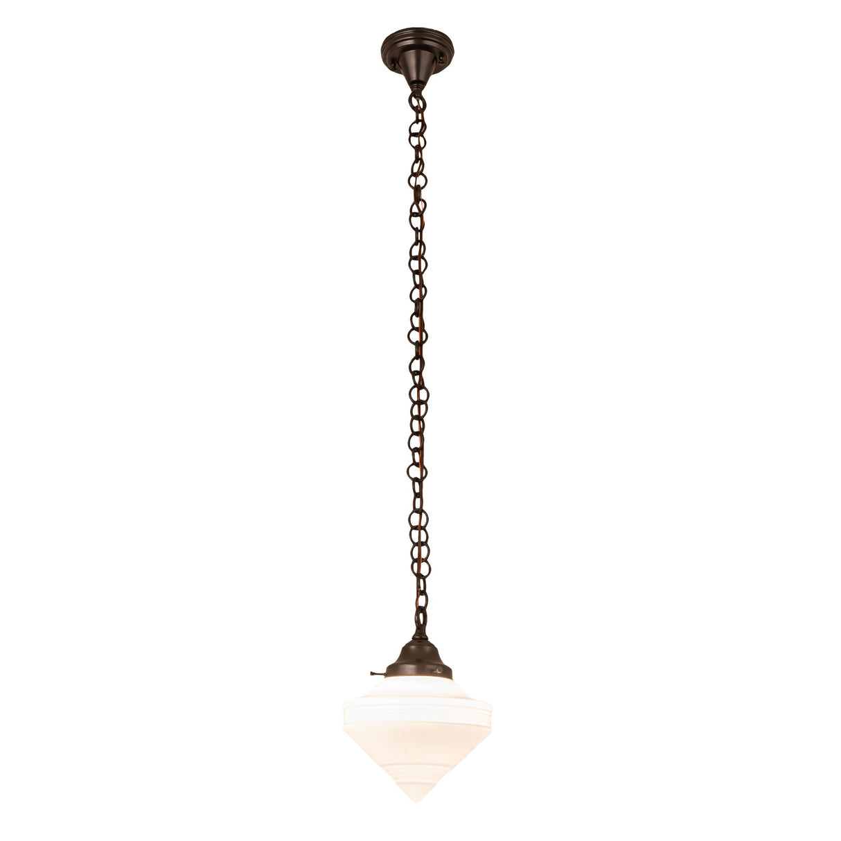 Full length of the schoolhouse pendant with a white shade and long chain.