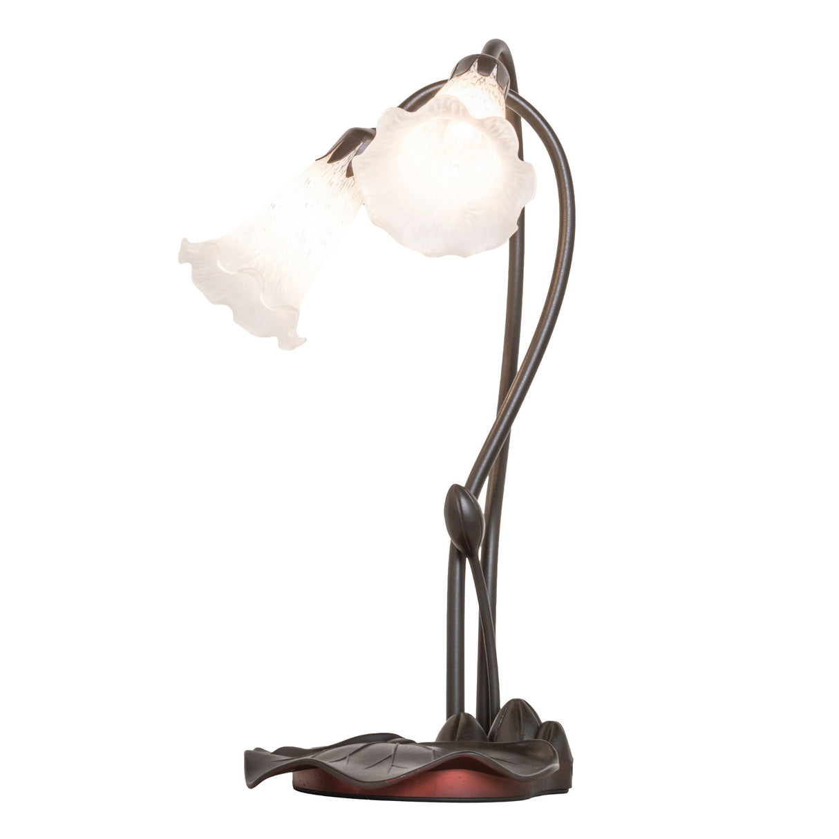 Angled view of the White Pond Lily accent lamp with artistic stems and fluted shades.