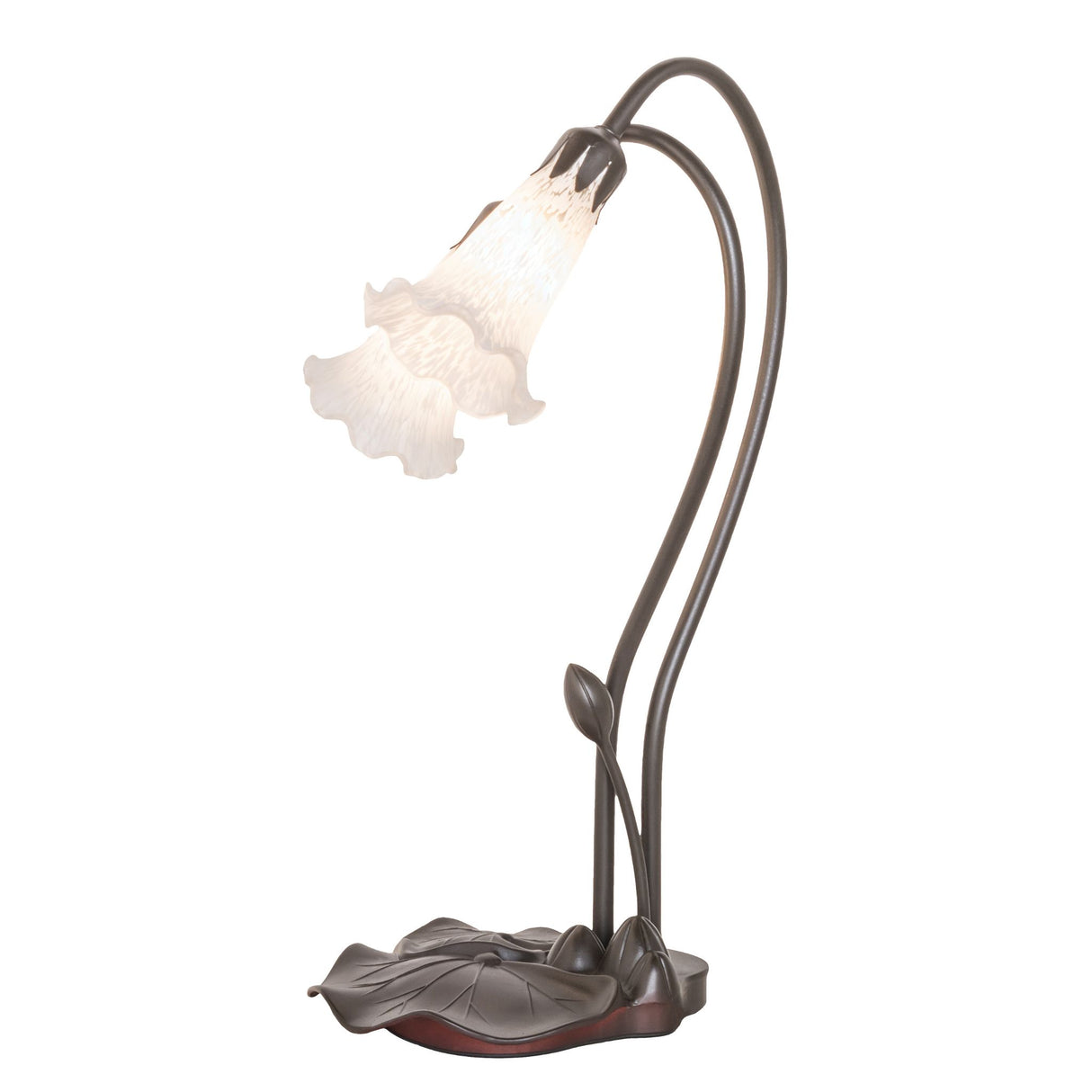 Side view of the White Pond Lily accent lamp with gracefully winding stems and intricate details.