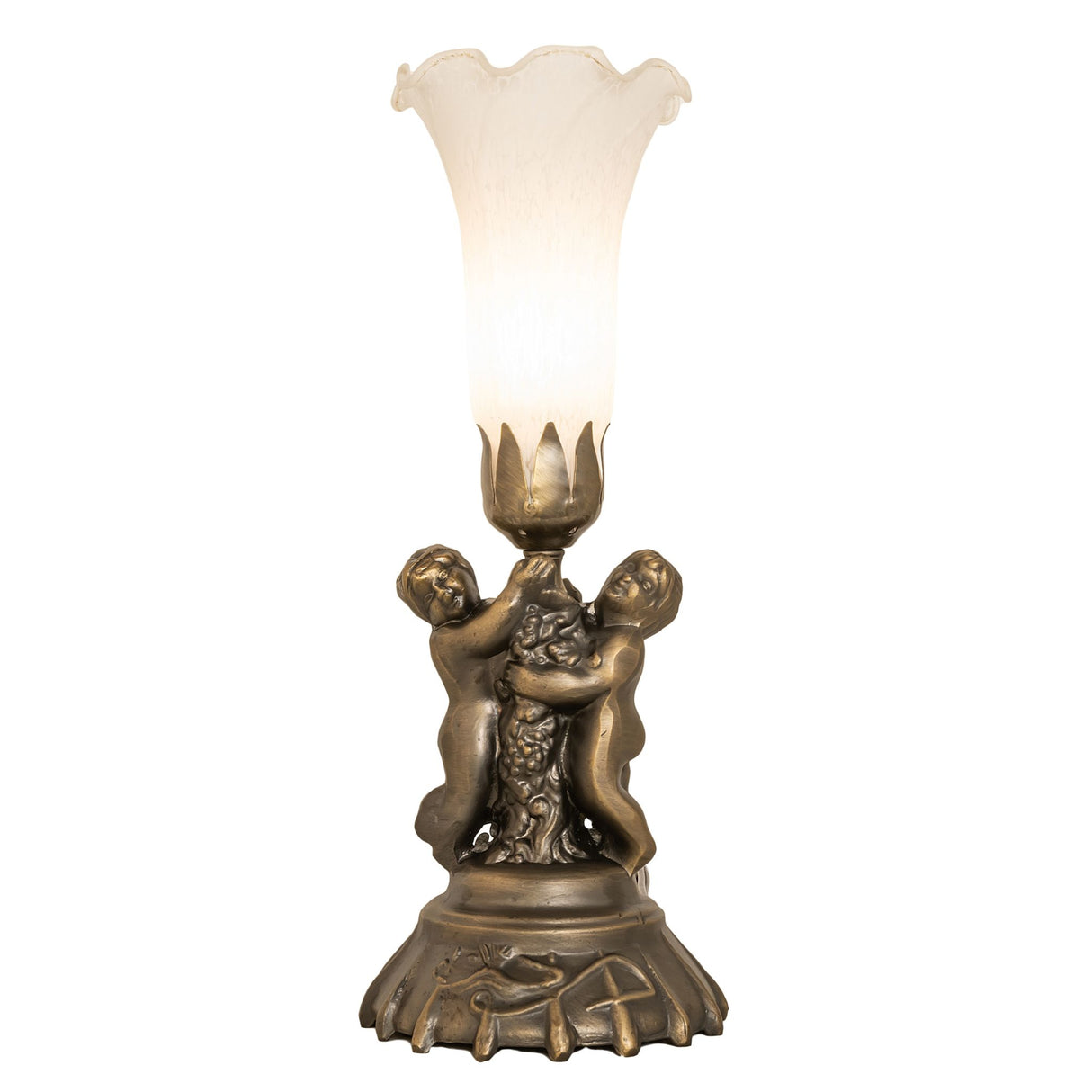 Front view of white Tiffany Pond Lily lamp with cherub base.