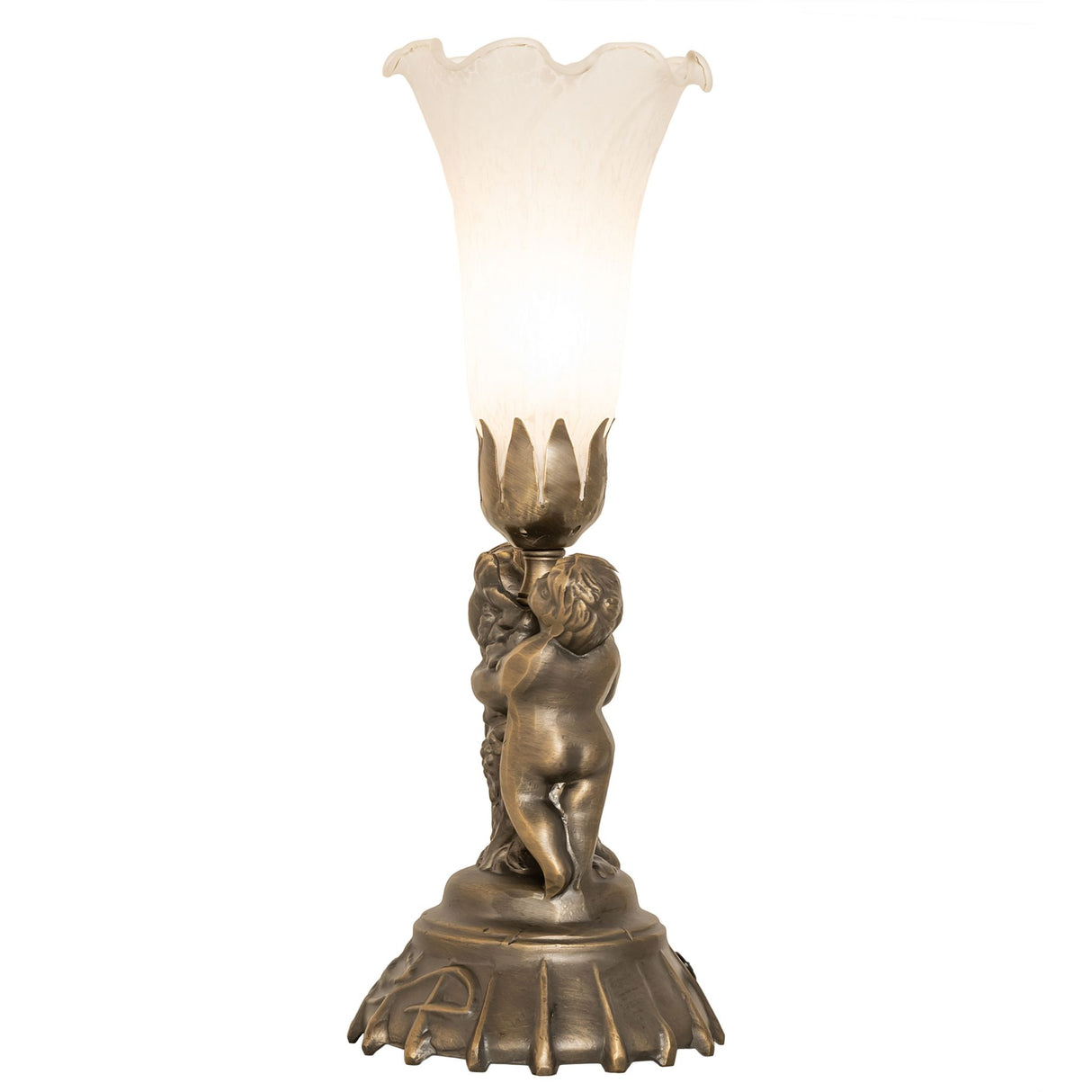 Side view of Tiffany-style lamp showing cherub sculpture details.