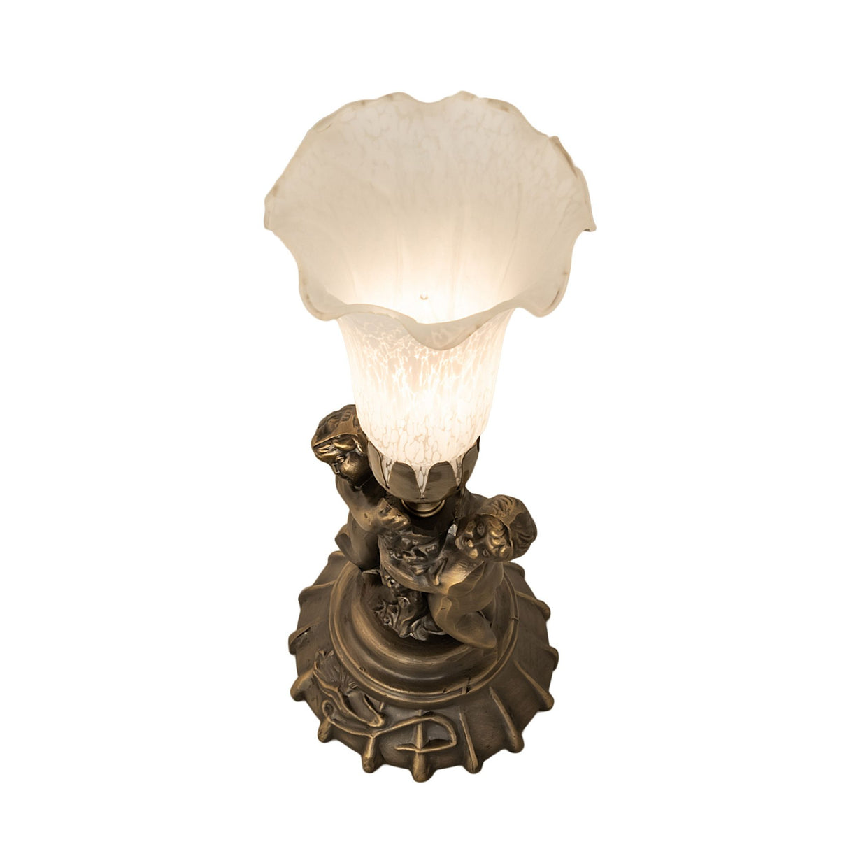 Top angle view of lamp highlighting flared white lily glass shade.