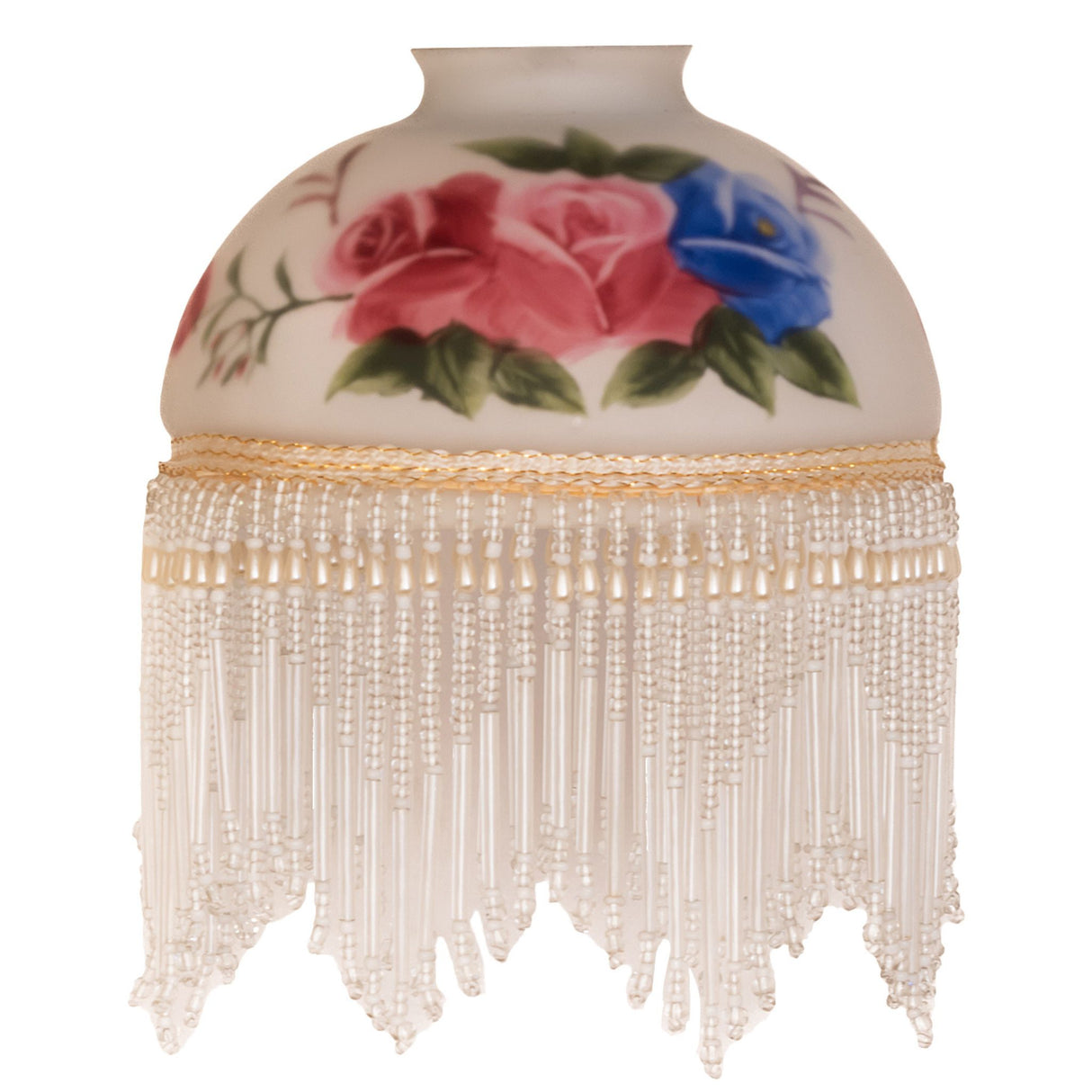 Alternate front view of a white rose bouquet shade with ivory fringe.
