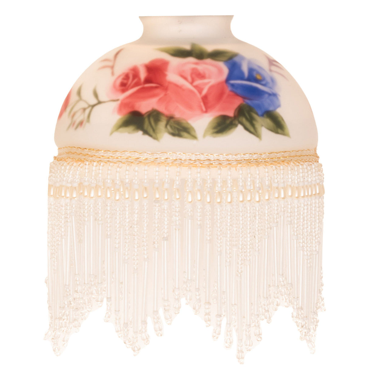Front view of a white rose bouquet shade with delicate fringe.