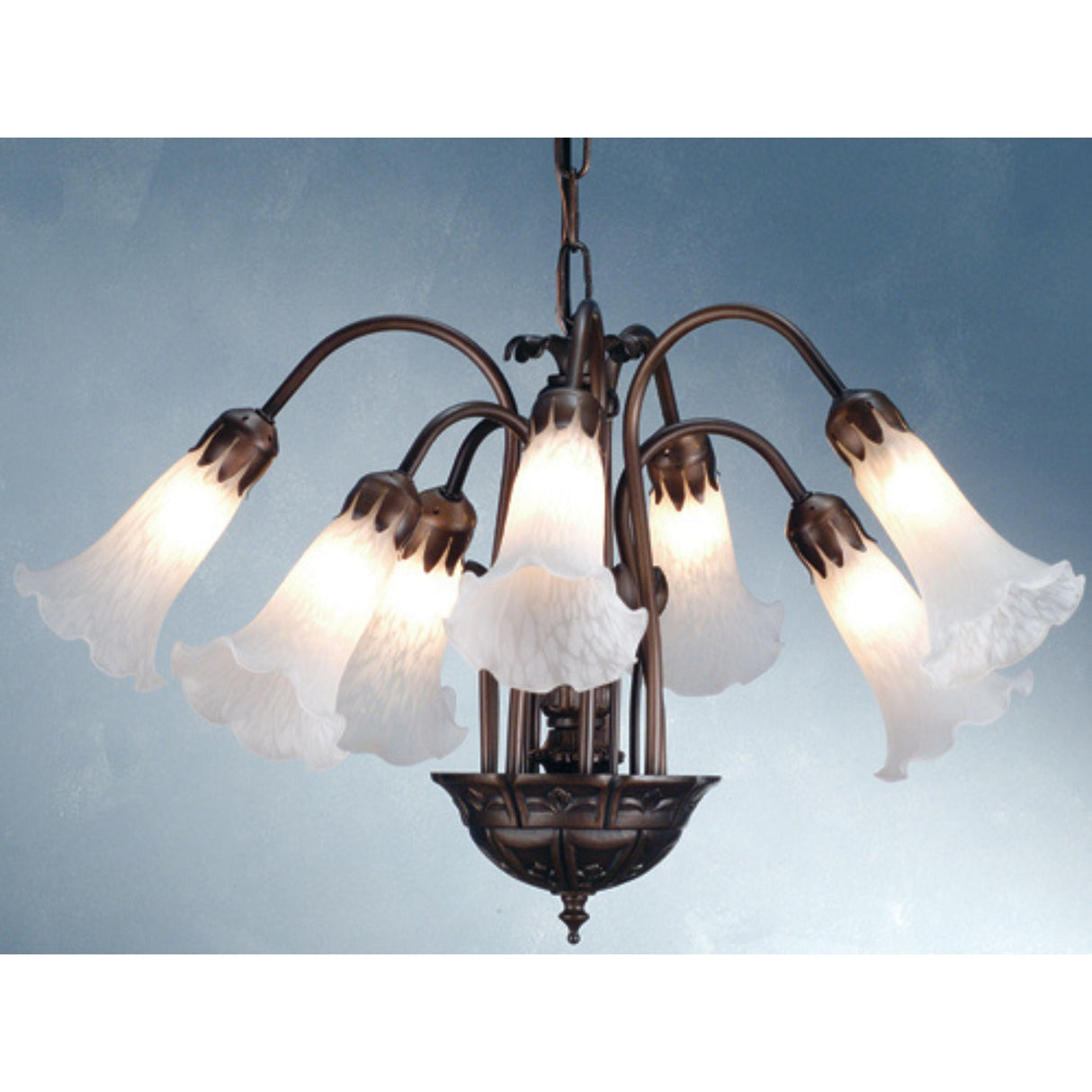 white Tiffany pond lily chandelier and metalwork with 7 lights