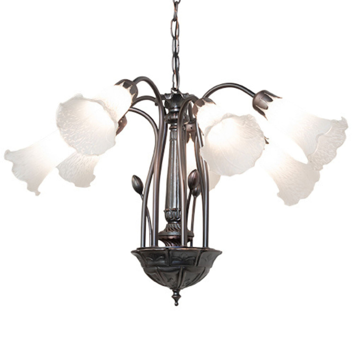 lit white glass on Tiffany chandelier