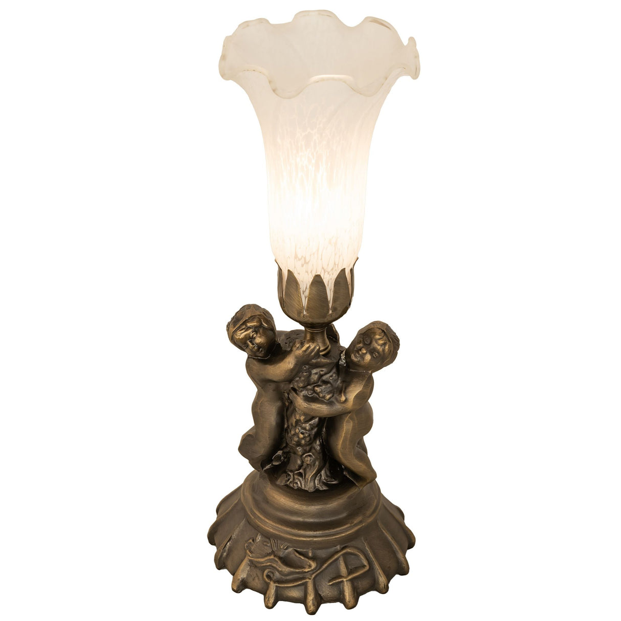 Tiffany-style accent lamp with cherub base and glowing white pond lily shade.