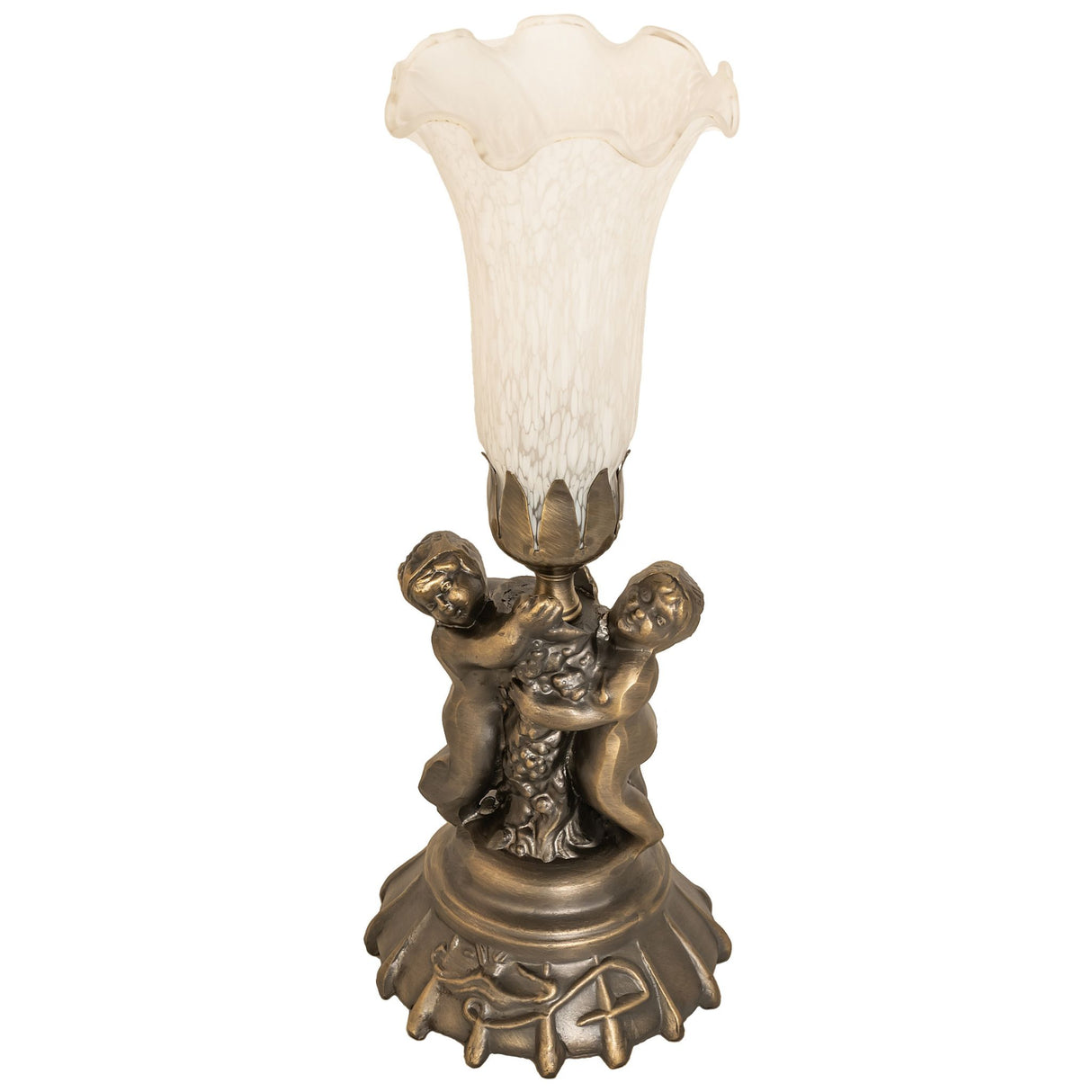 Unlit view of Tiffany-style cherub lamp with white glass shade.