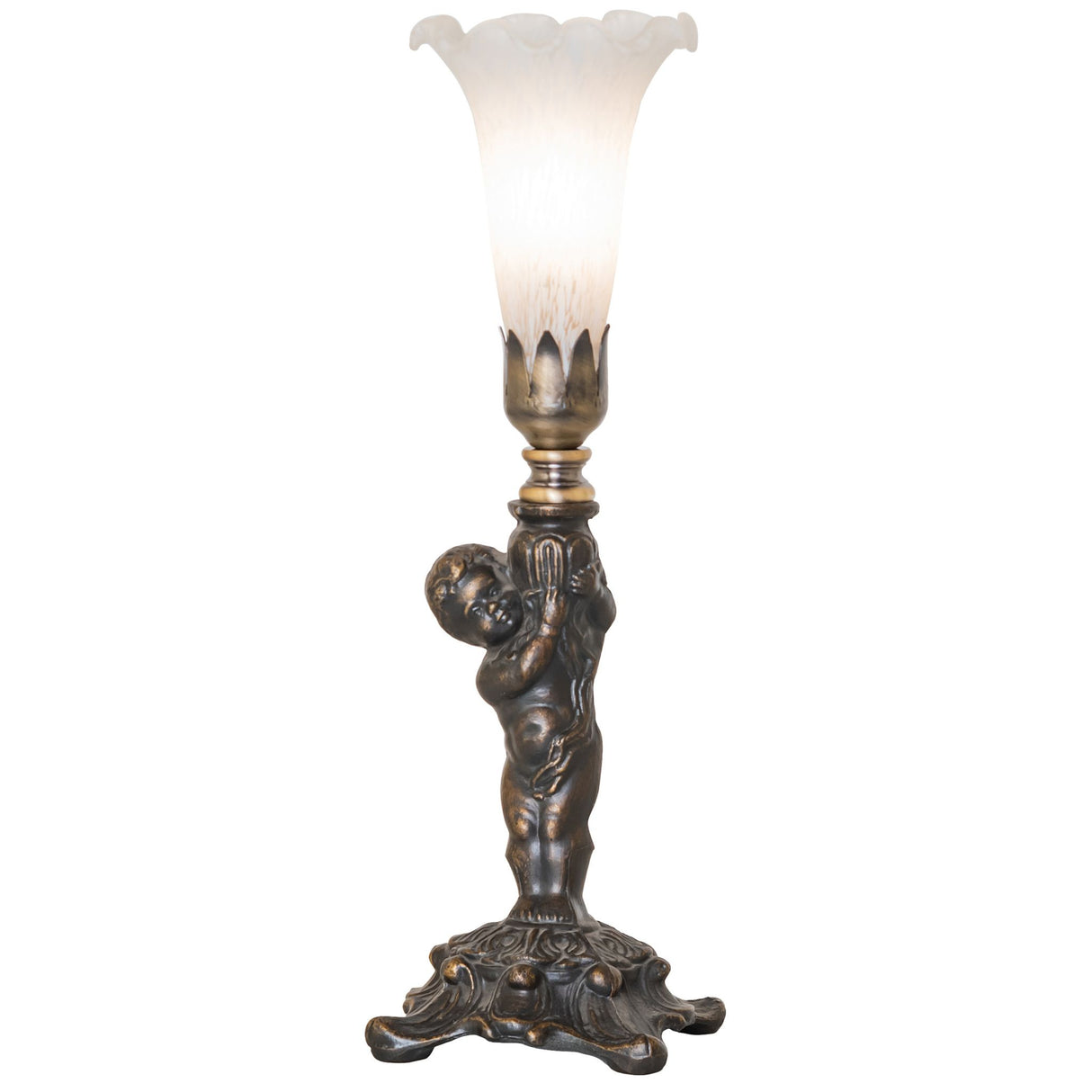 White Tiffany-style cherub mini lamp with lit shade.