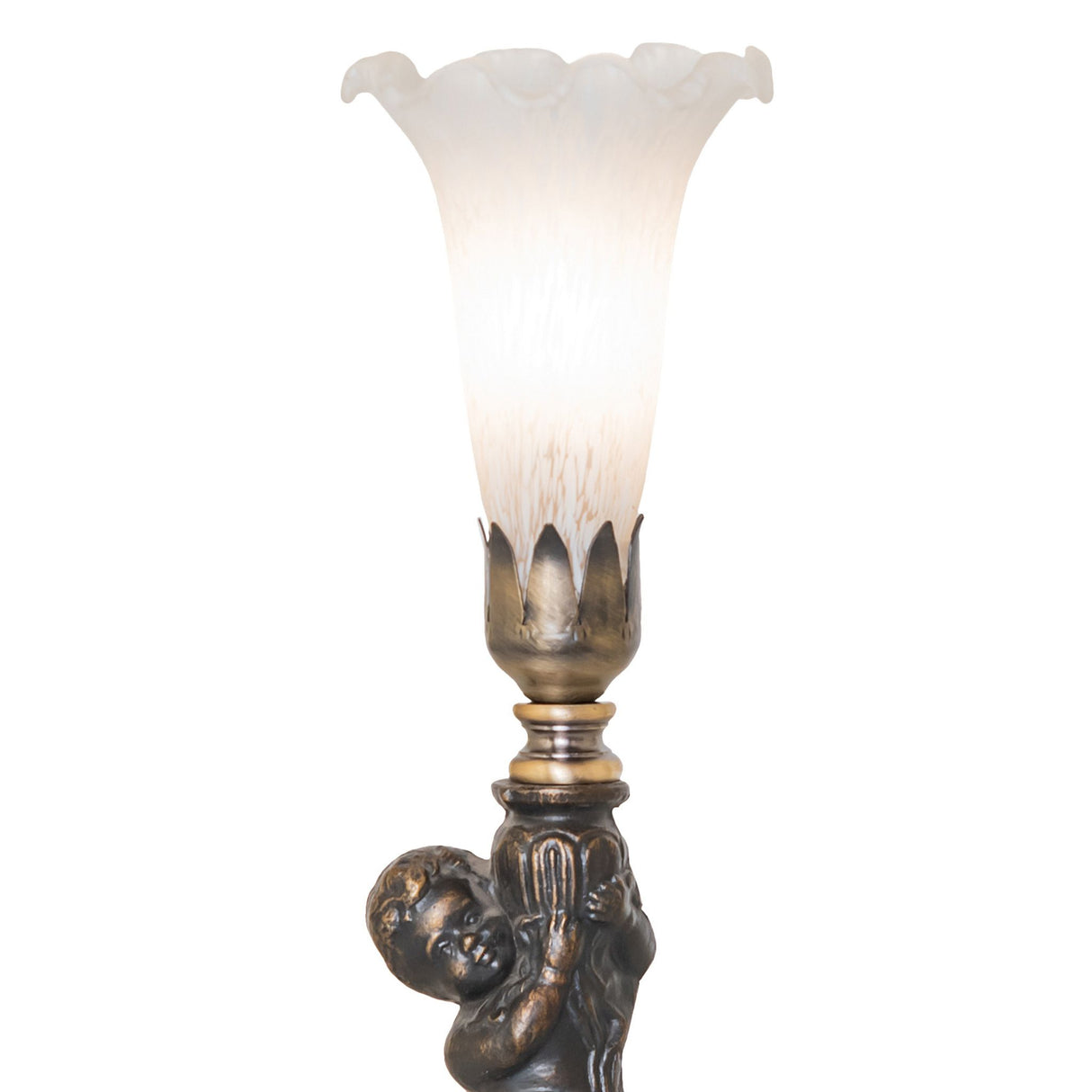 Close-up of white Tiffany glass pond lily shade when lit.