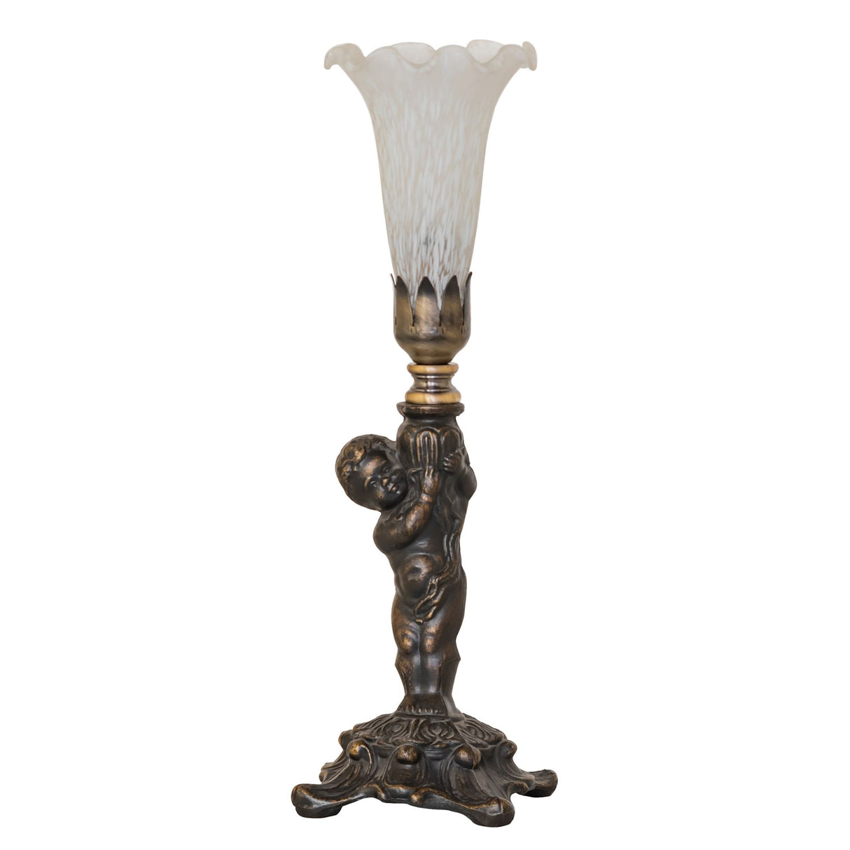 Unlit white Tiffany cherub mini lamp with detailed bronze base.