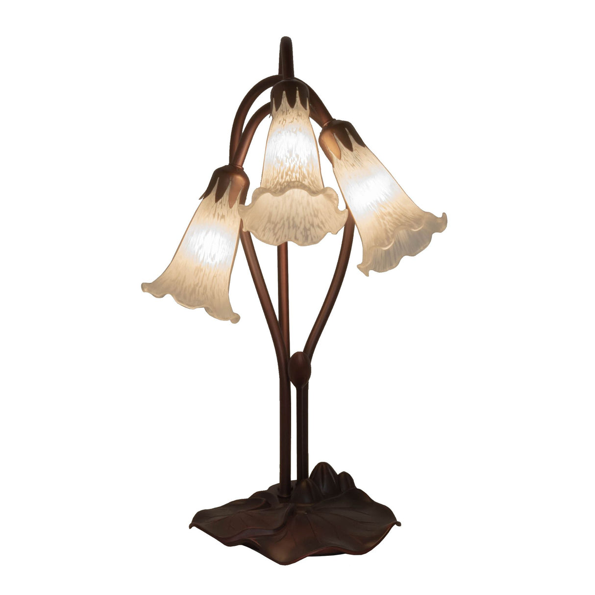 front view of white tiffany pond lily accent lamp featuring three elegant lily shades.