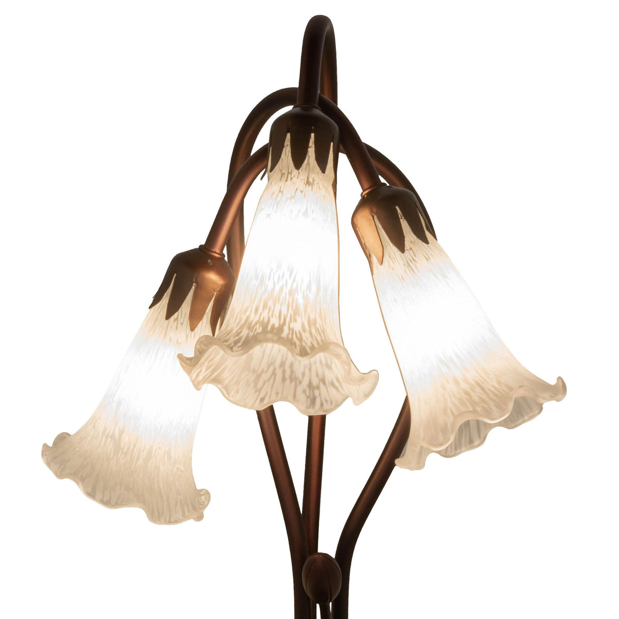 closeup view of winter white hand-blown glass shades on tiffany pond lily accent lamp.