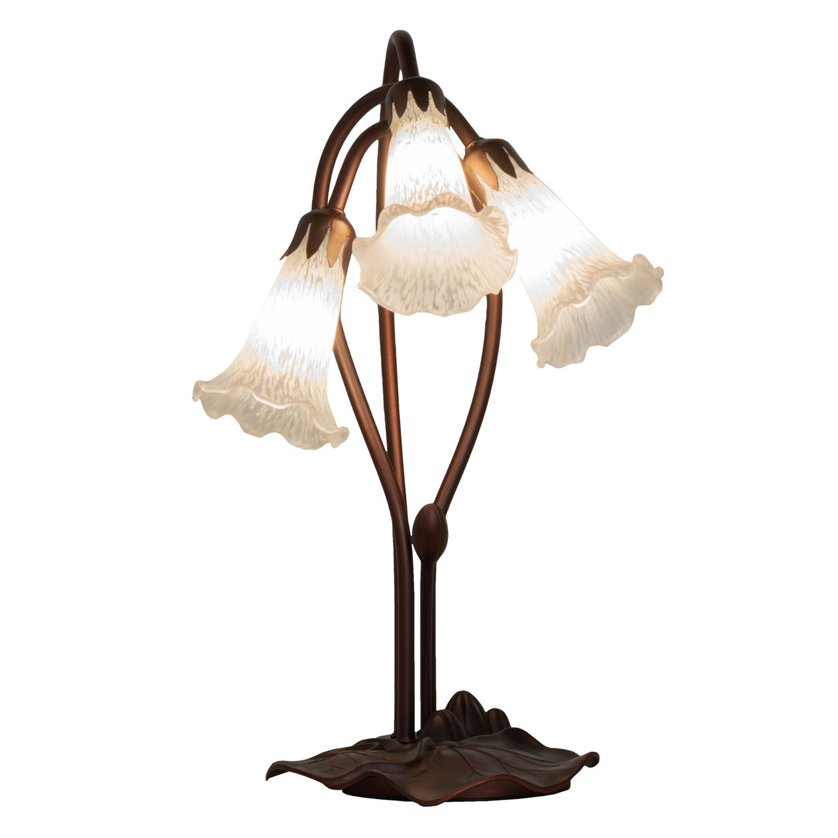 side angle view of white tiffany pond lily accent lamp highlighting its artistic design.