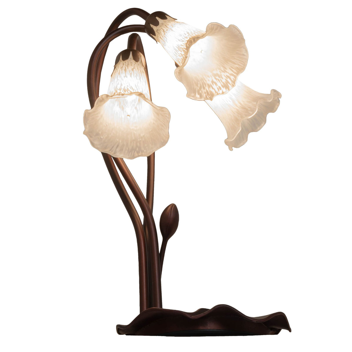 side view of white tiffany pond lily accent lamp showing its elegant stems and shades.