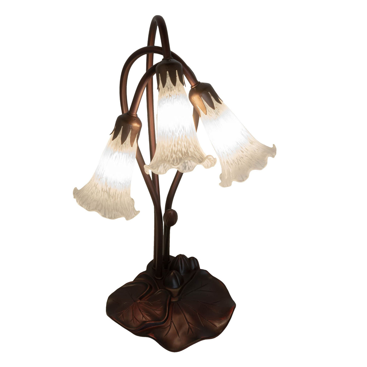 top view of white tiffany pond lily accent lamp showcasing shade arrangement and stems.