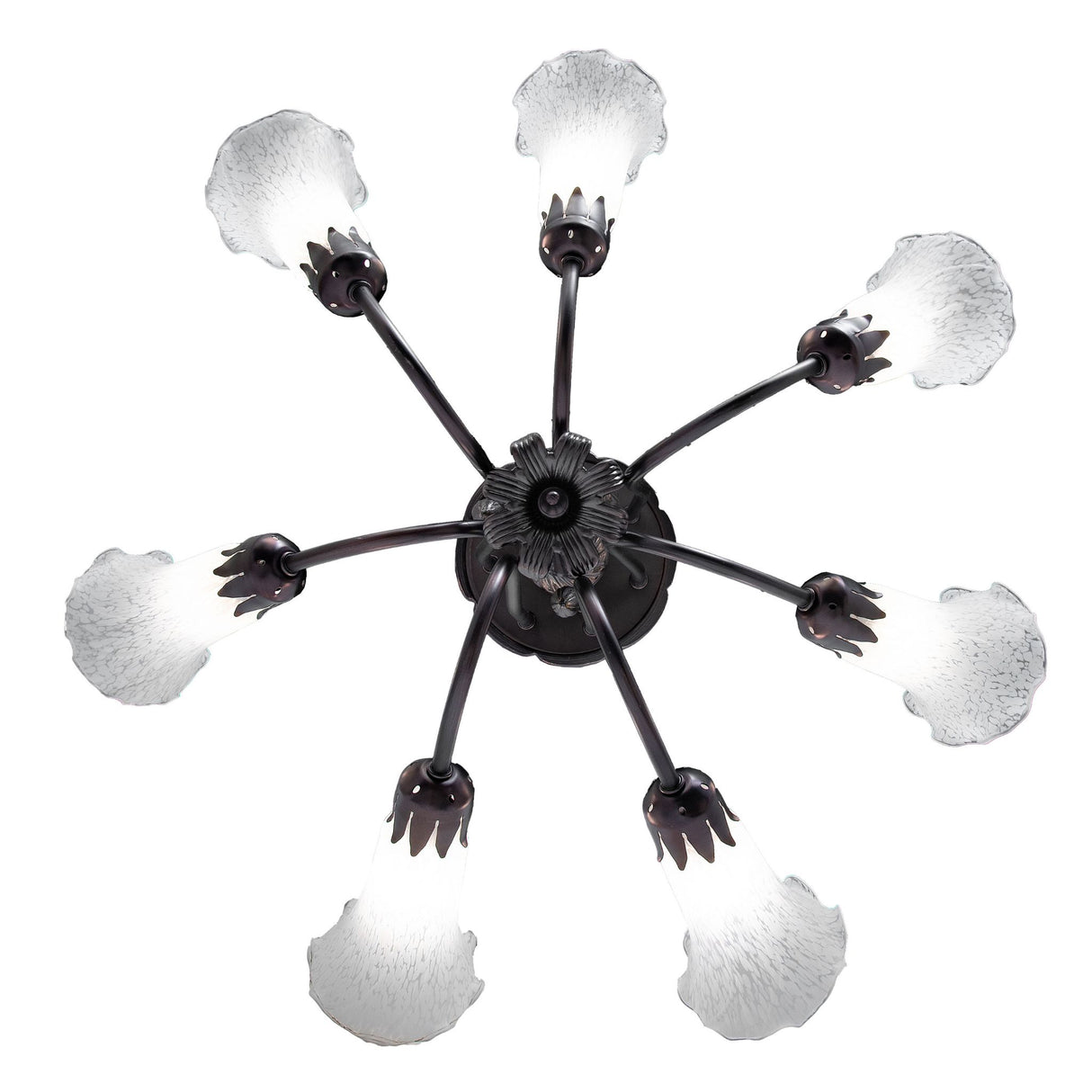 Bottom view of a tiffany chandelier showcasing unique lily design.