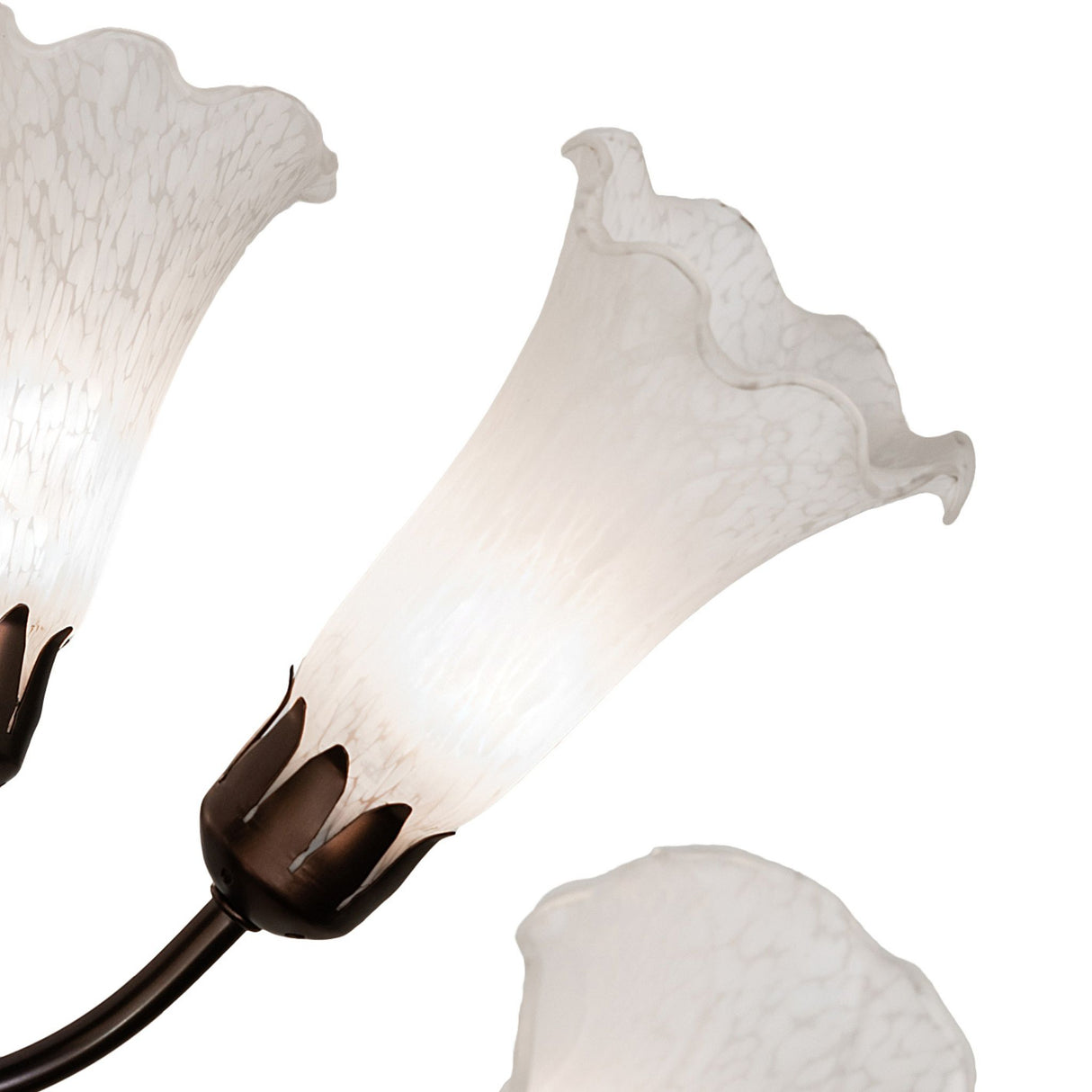 Close-up of tiffany chandelier showing detailed lily glass shades.