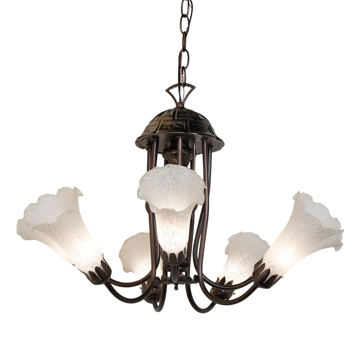 Elegant chandelier with white tiffany pond lily design and seven lights.