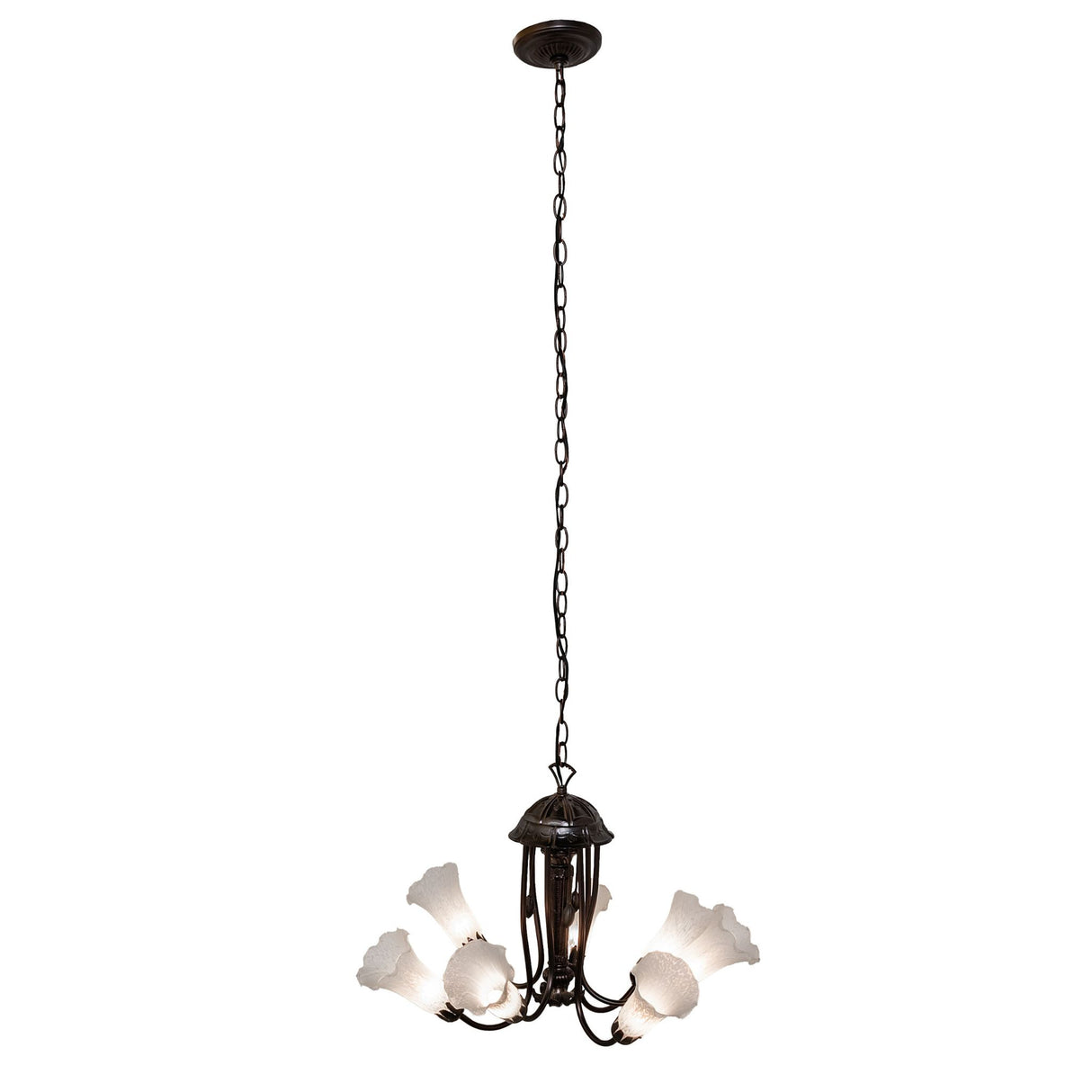 full view of white tiffany pond lily 7-light chandelier, 24-inch wide.