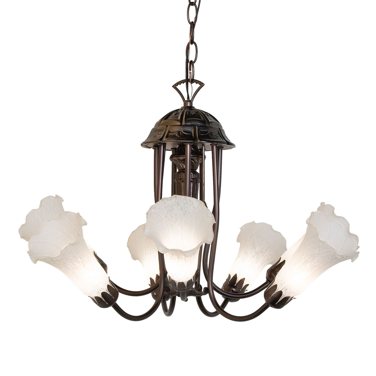 24-inch tiffany pond lily chandelier with lights turned on.