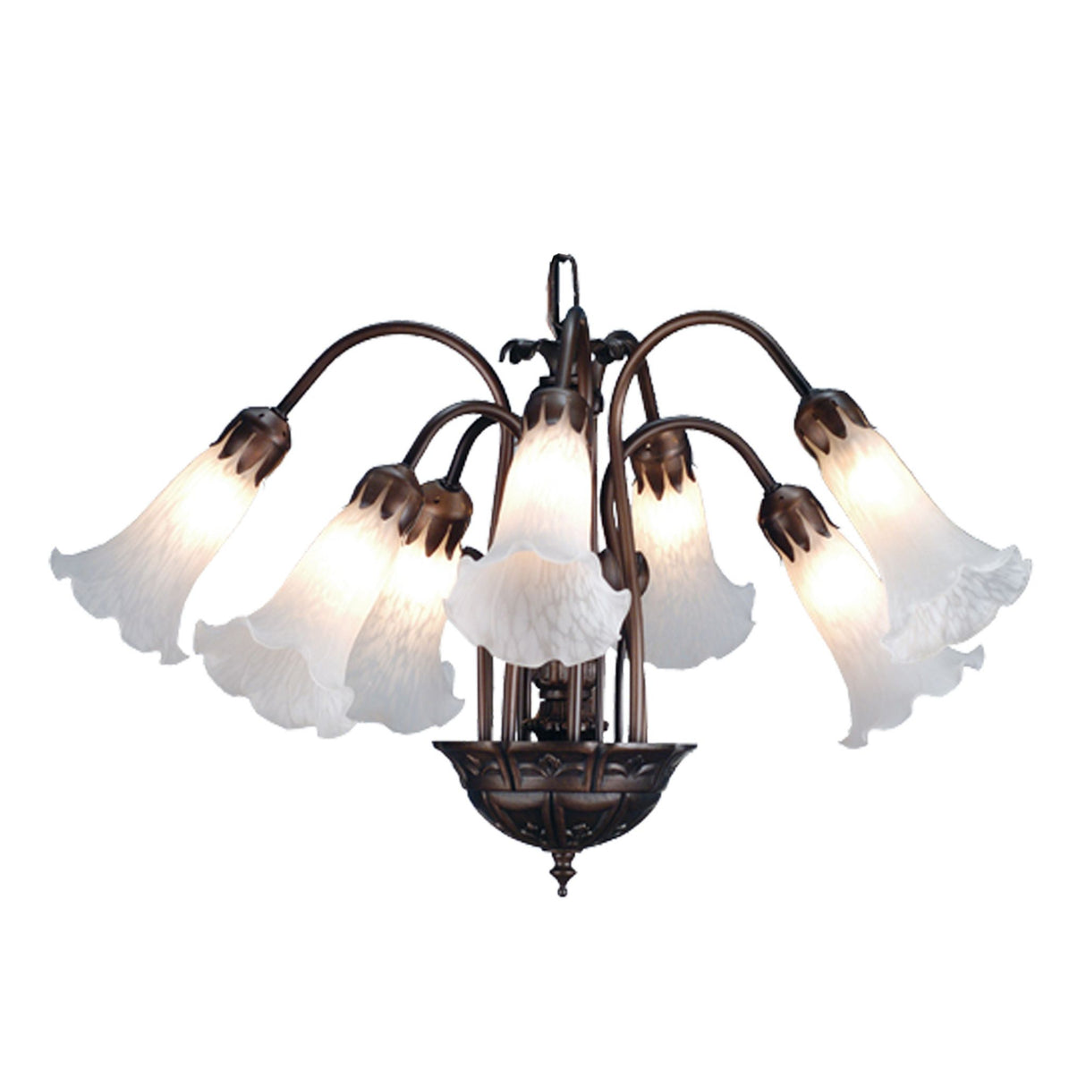 Elegant White Tiffany Pond Lily chandelier with 7 luminous glass shades.