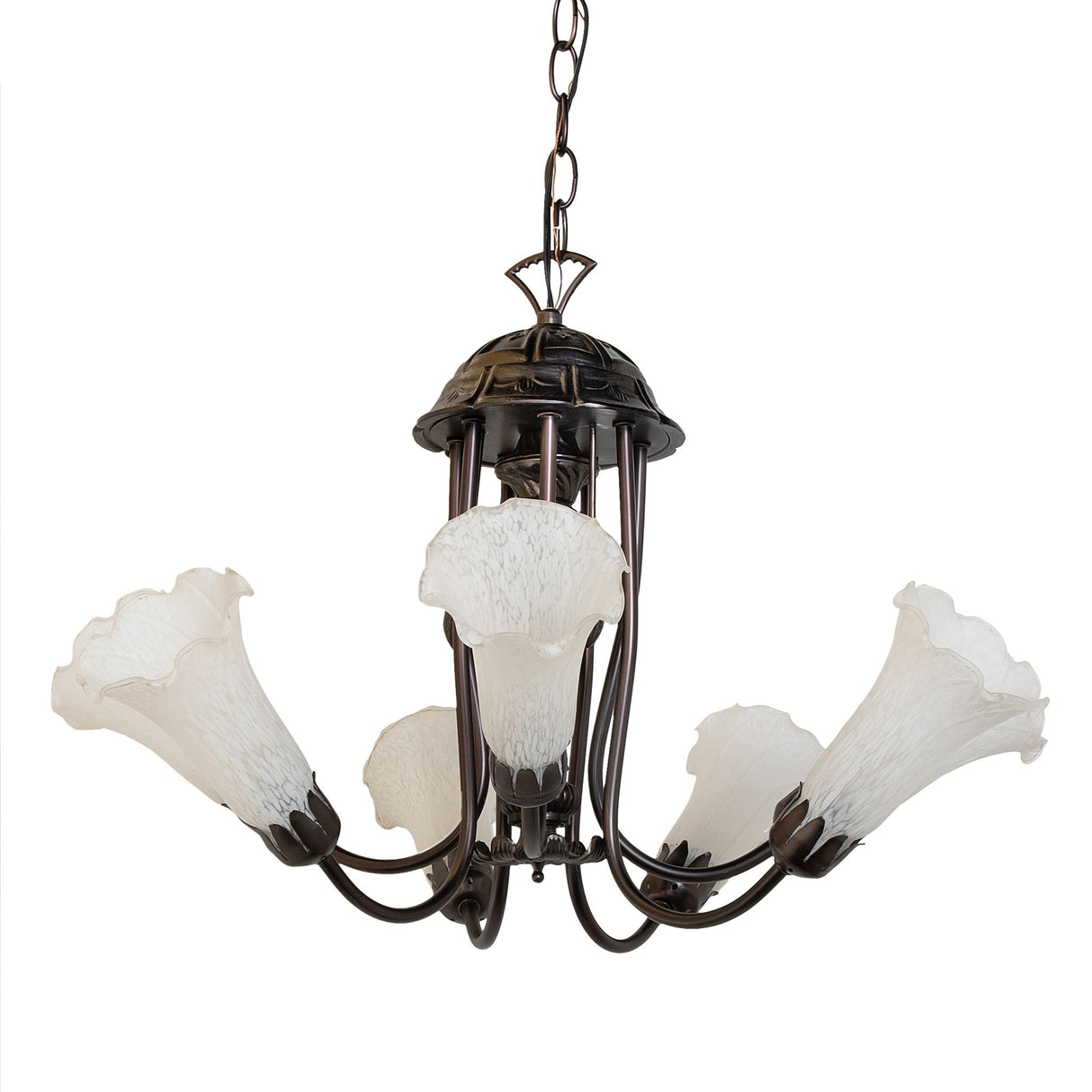 Side view of a tiffany chandelier with delicate pond lily glass shades.