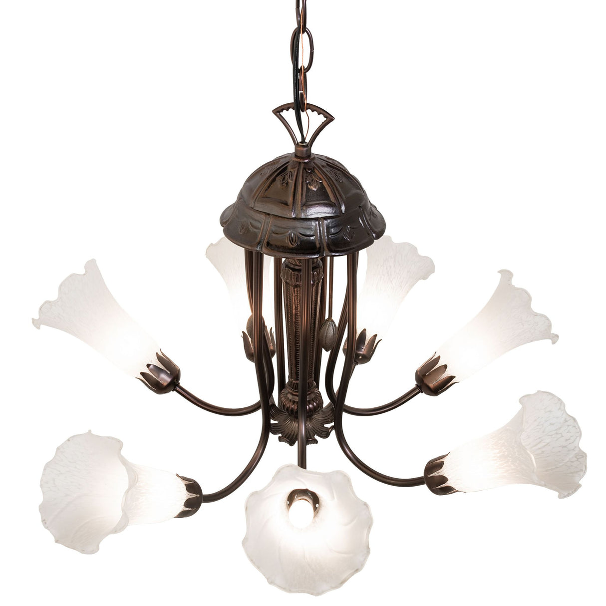 Top-down view of a tiffany chandelier showing intricate detailing.
