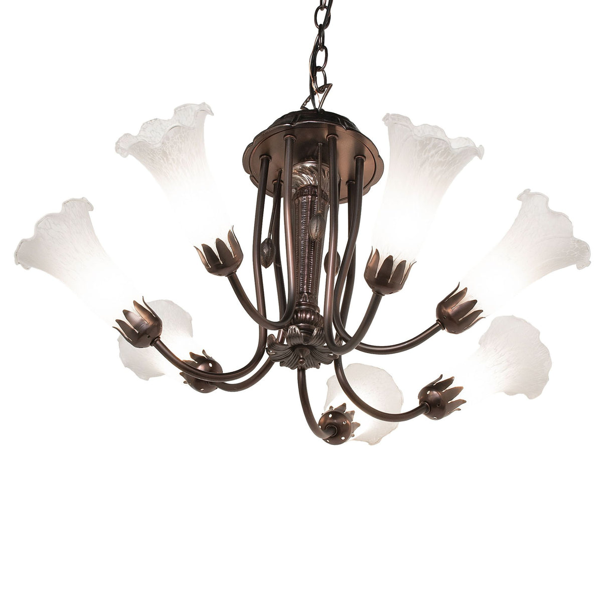 Wide-angle view of a tiffany chandelier with a bronze finish.