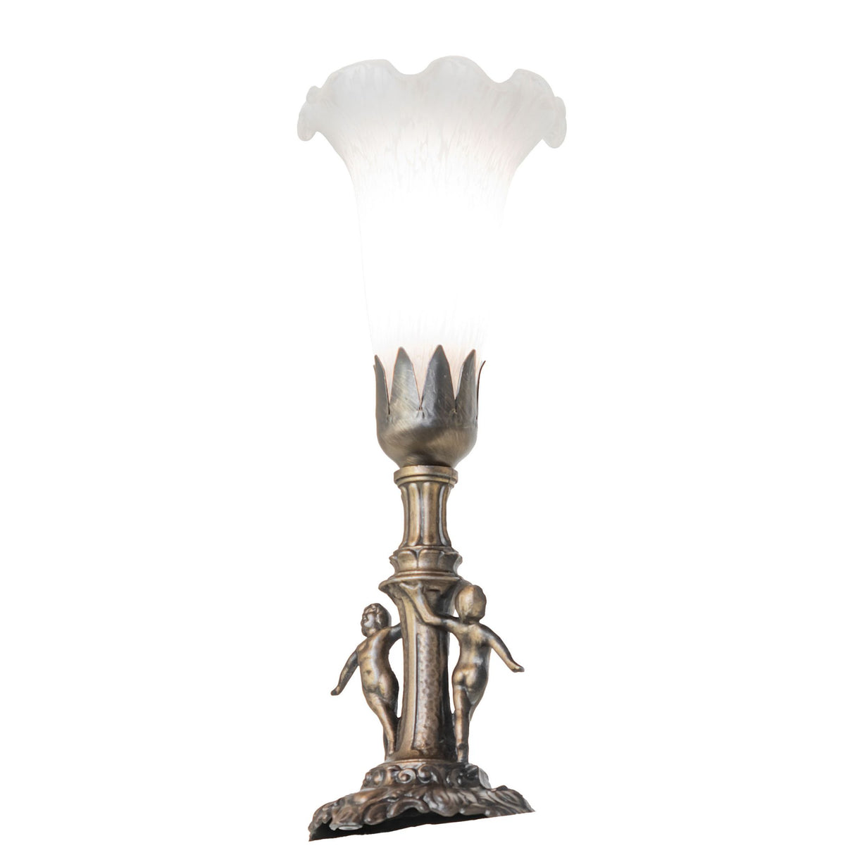 Bottom angle view of the White Tiffany Pond Lily Mini Lamp emphasizing its elegant base.
