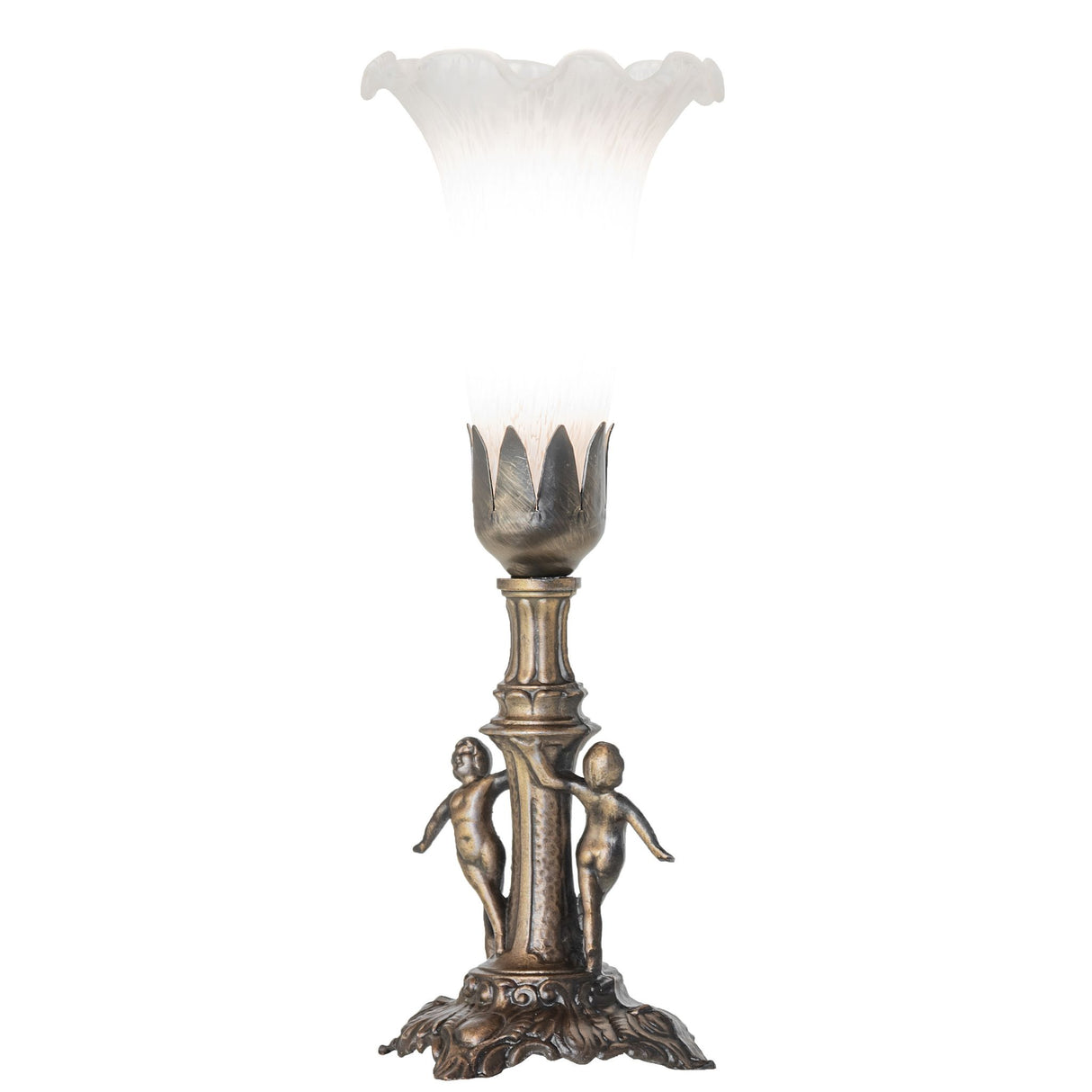 Tiffany Pond Lily Mini Lamp illuminated, featuring a twin cherub base and Favrile-style glass shade.