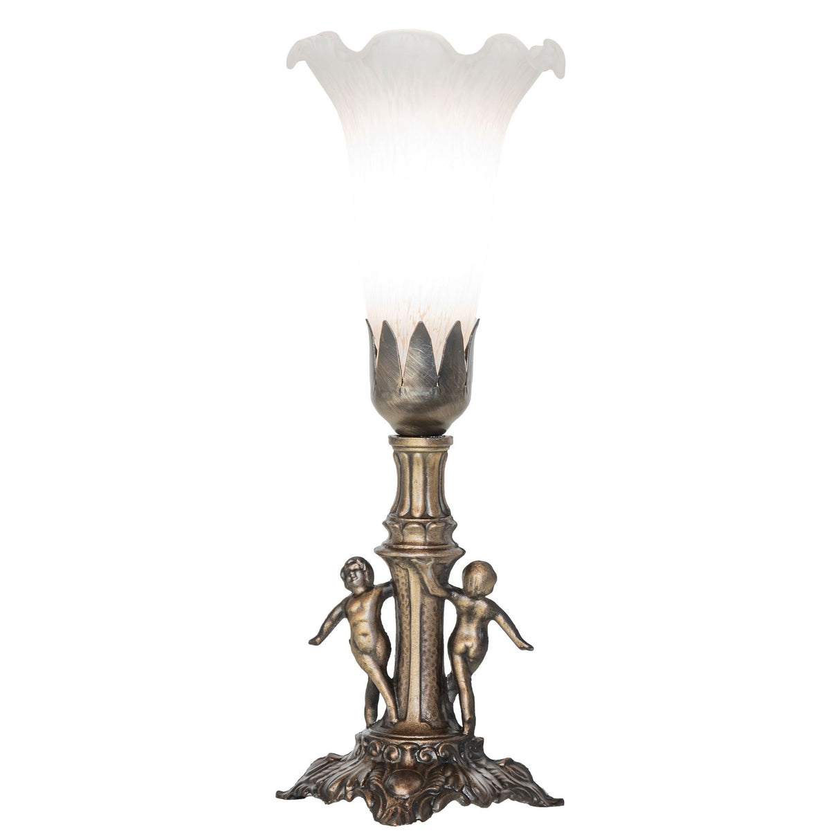 Side view of the White Tiffany Pond Lily Mini Lamp with a classic antique brass finish.
