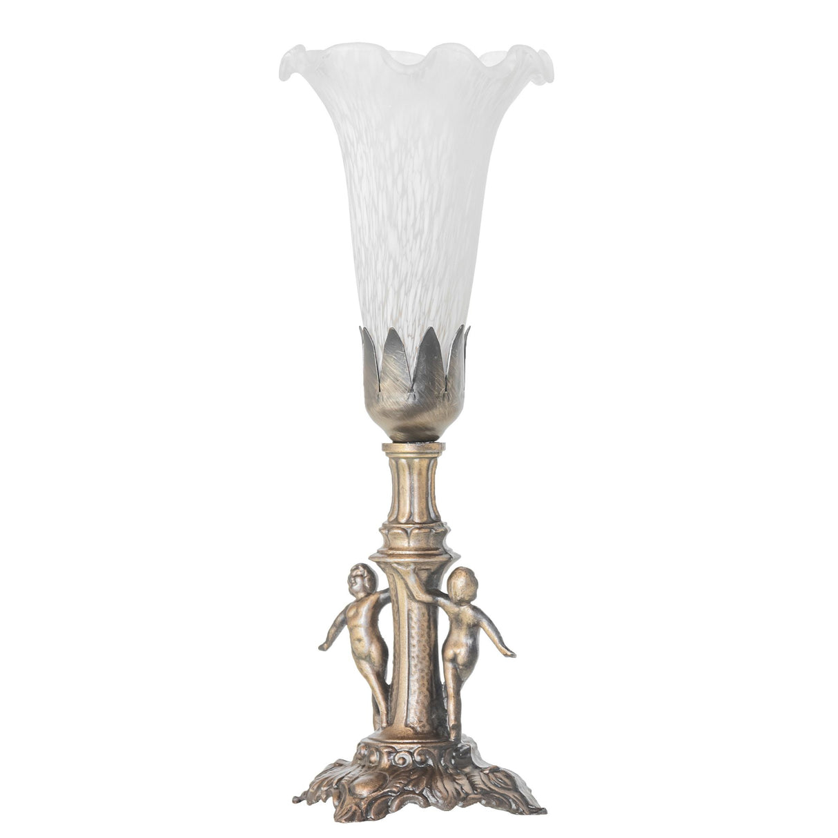 Unlit view of the White Tiffany Pond Lily Mini Lamp with a delicate Favrile-style shade.