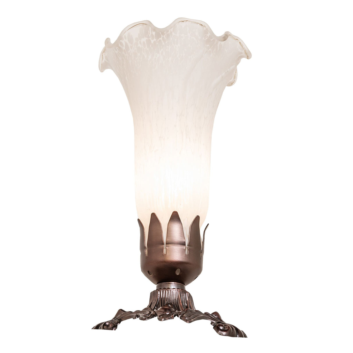 Bottom view of the White Tiffany Pond Lily Victorian Accent Lamp showcasing its ornate base.