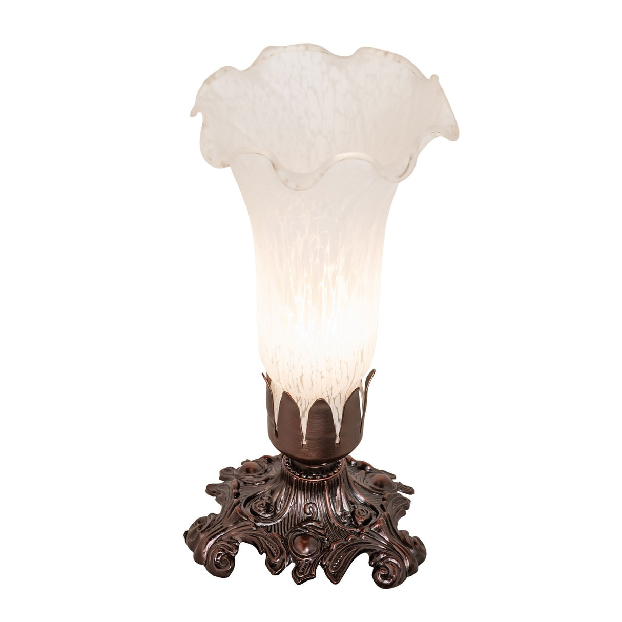 Illuminated White Tiffany Pond Lily Victorian Accent Lamp showcasing its elegant glow.