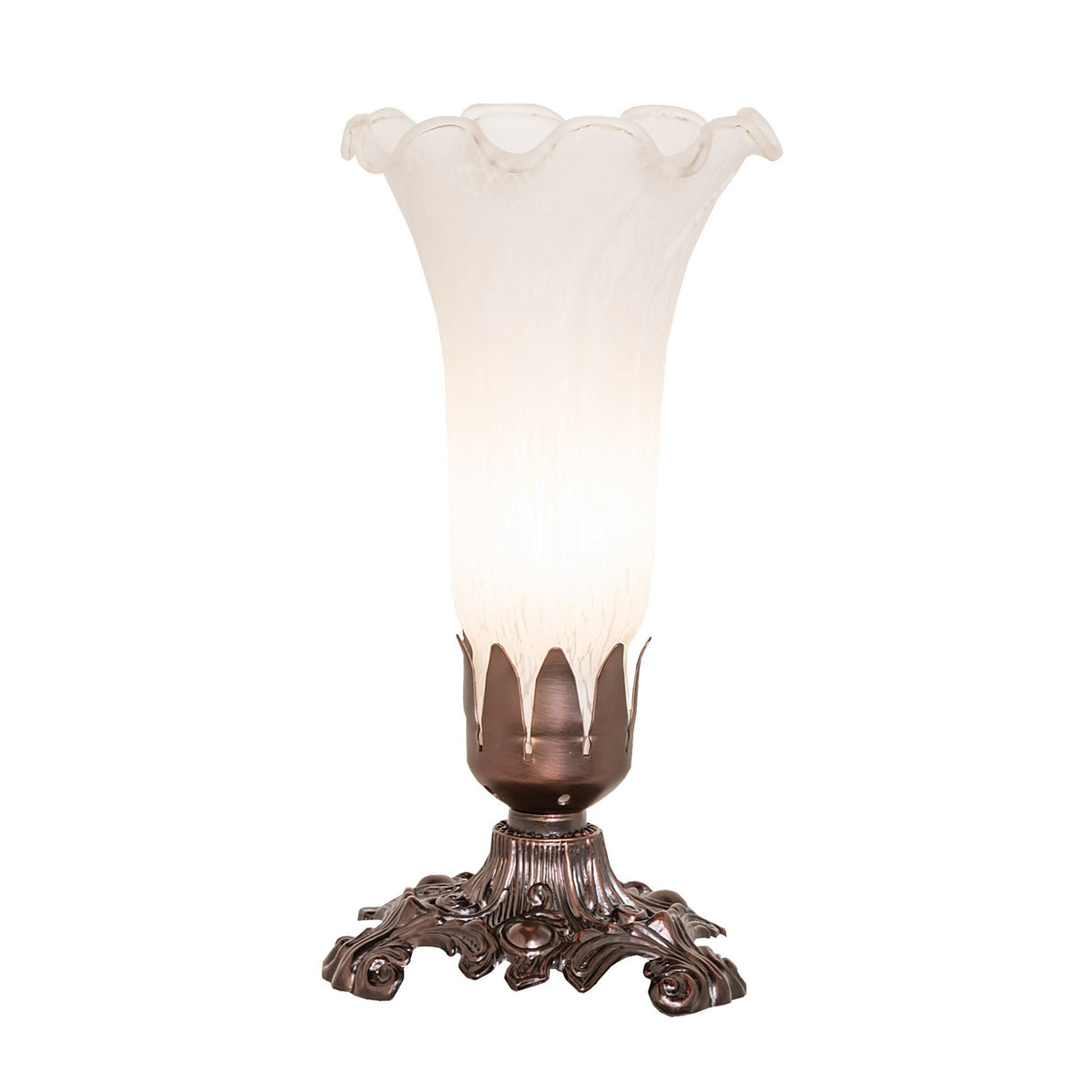 Side angle view of the White Tiffany Pond Lily Victorian Accent Lamp with its ornate base.